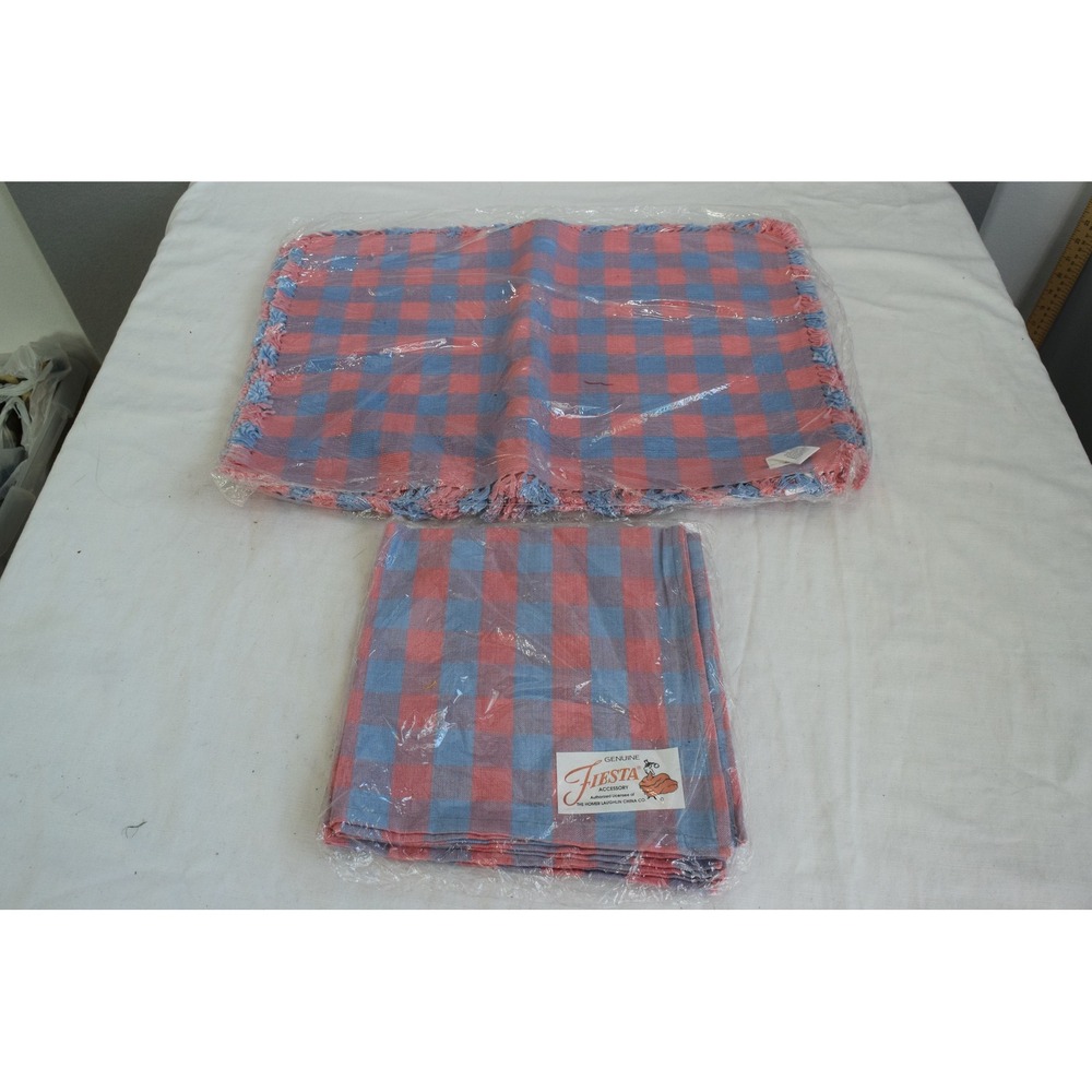 Fiesta Placemats Napkins 4 Set Pink Blue Gingham Check Fringed Vintage New